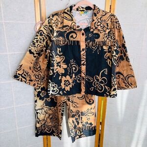 Vintage SeaSuns USA Womens Medium Flare Capri Button Up Top Set Tropical Tie Dye